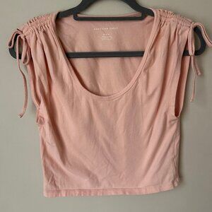 American Eagle Peach Pink Scoop Neck Sleeve Tie Ruched Top Women’s Size Medium